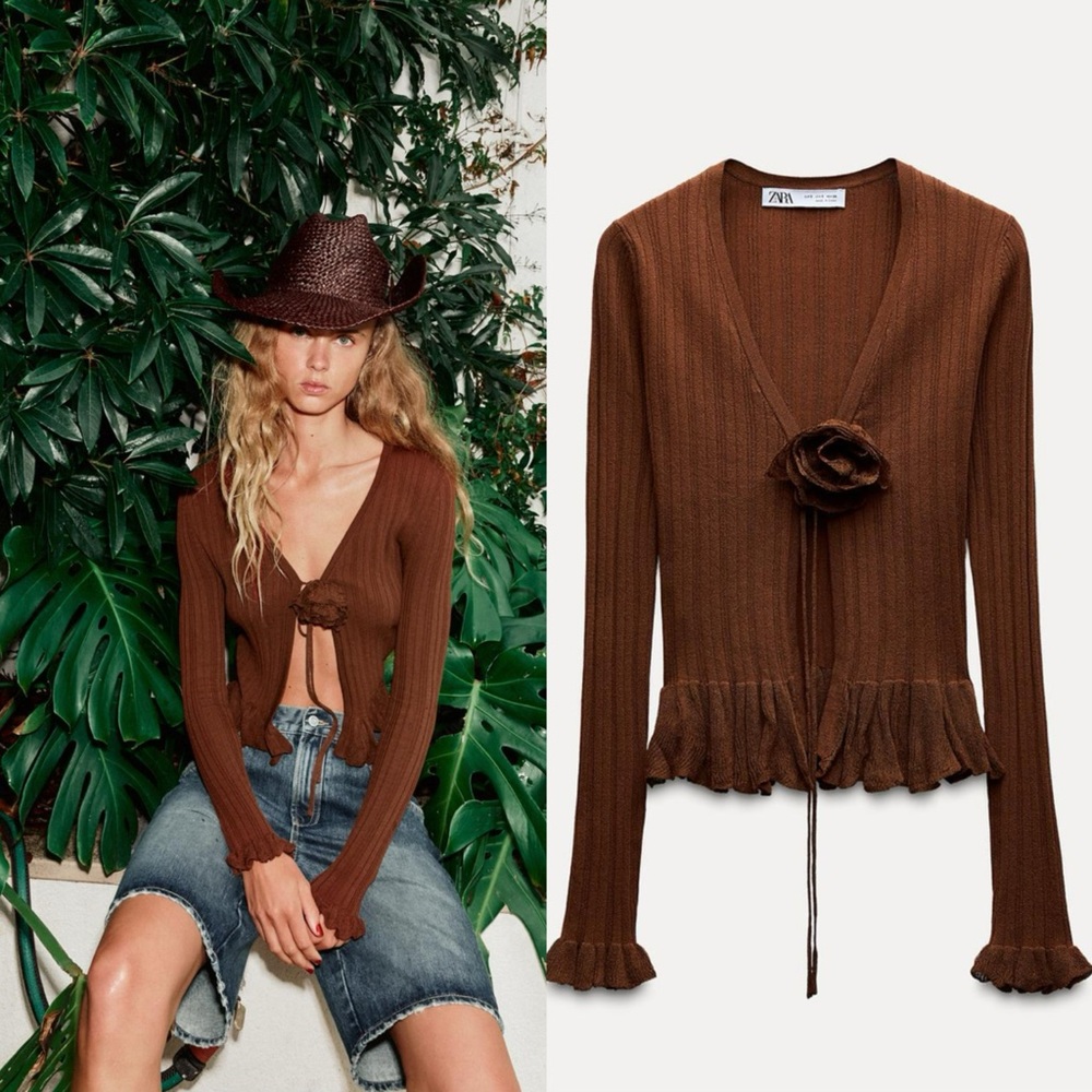 Zara Brown Ribbed Tie-Front Cardigan with Rosette